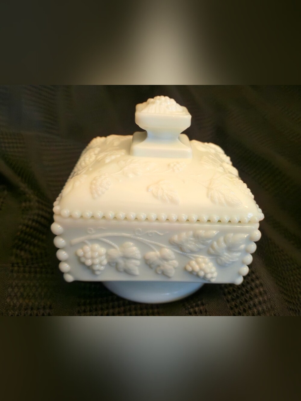 Westmoreland Beaded Milk Glass Grape & Leaf Covered " Honey Dish"